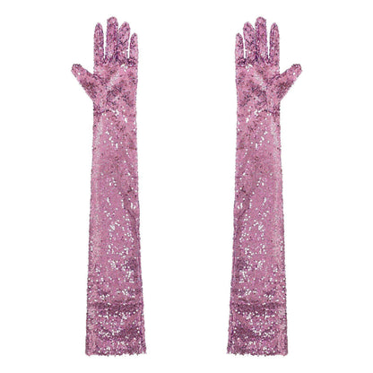 Women Gloves Vintage Shiny Sequin Finger Elbow Length Long Mittens Opera Costume