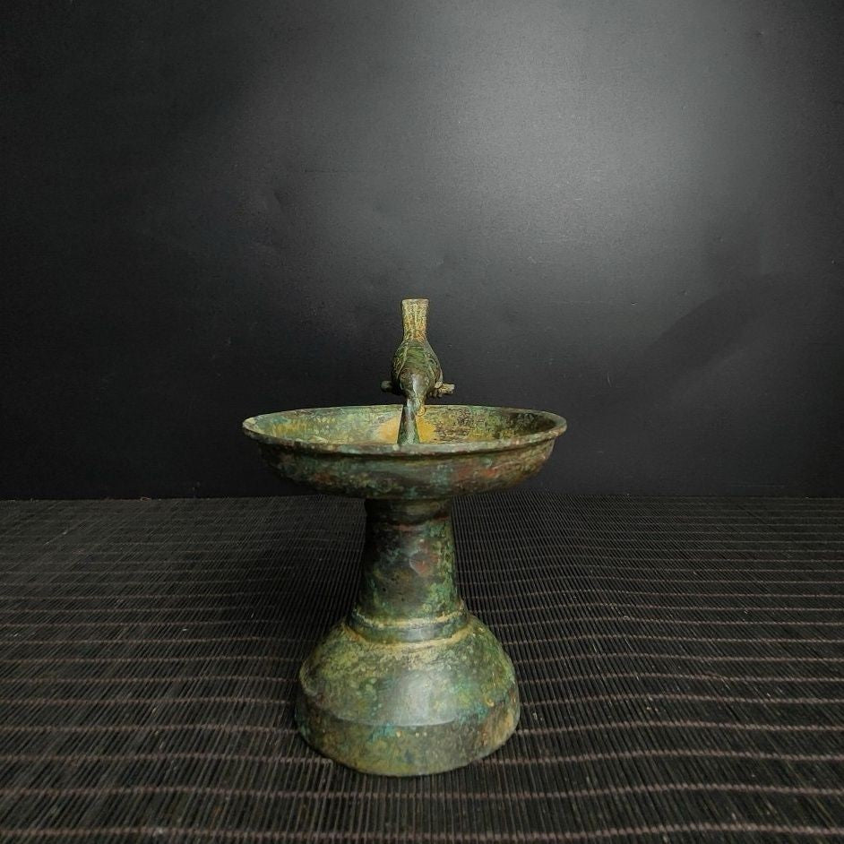 Chinese Warring States Bronze Bird-Handle Lamp Replica 13x17cm Decor