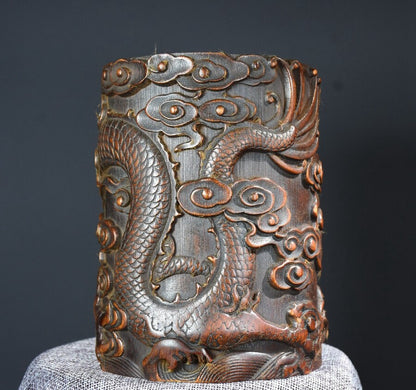 Old Chinese Bamboo Handcarved Dragon Jar Pots Pen Holder
