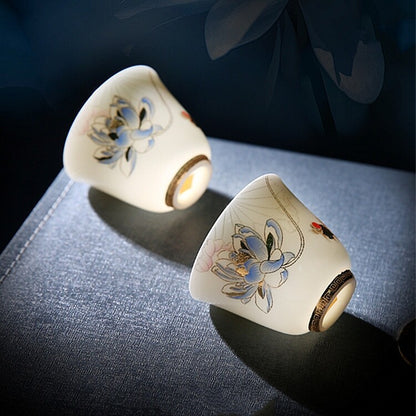 Dehua Fat Mutton Jade Porcelain Tea Cup 50ml Hand Drawing Floral Fish Painted