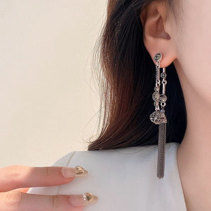 Silver-Plated Rhinestone Ball Tassel Earrings Retro Dangle