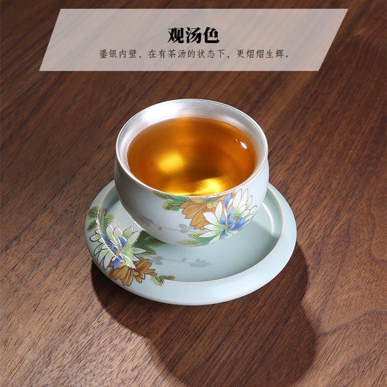Health Care Pure Silver Inside Tea Cup Porcelain Ruyao Floral Design Tea Saucer