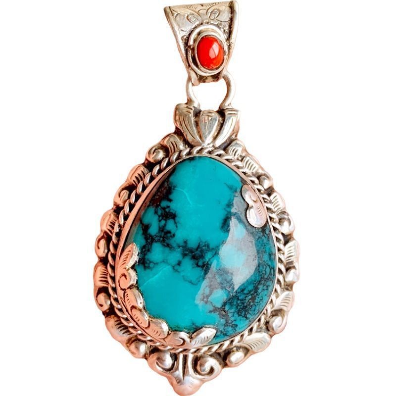 Nepalese Ethnic Blue Stone Pendant Handmade Silver Inlaid Tribal Jewelry