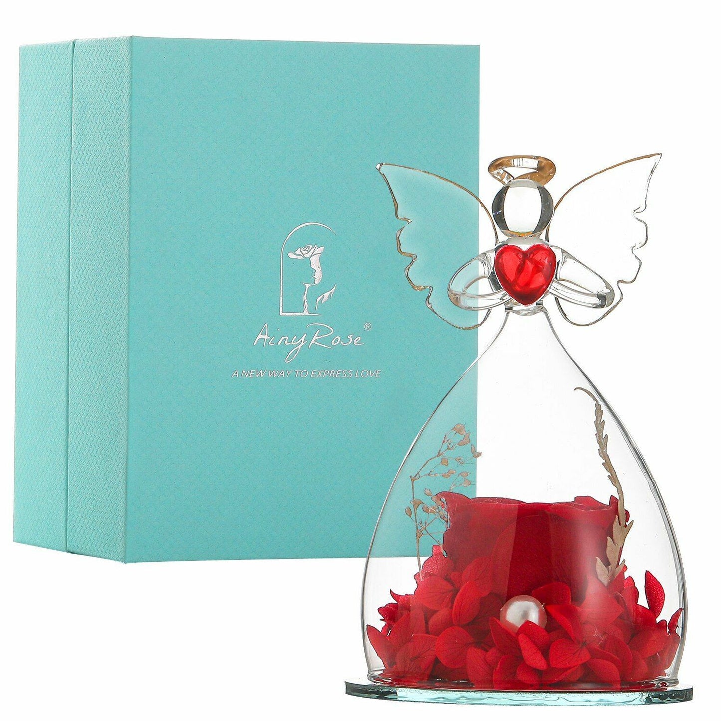 Real Rose Angel In Glass Dome Preserved Flowers Wedding Birthday Gifts 2.9 x4.3"