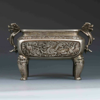Chinese Tibetan Silver Hand-carved Dragon Incense Burner&Lid XuanDe Mark
