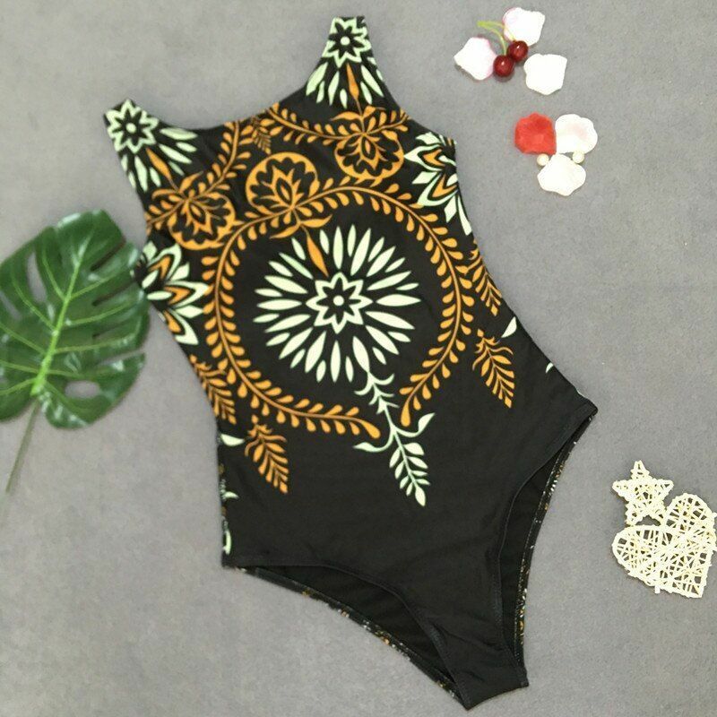 Women High Neck Boho Closed Thong Swimwear One Piece Swimsuit Monokini Bodysuit