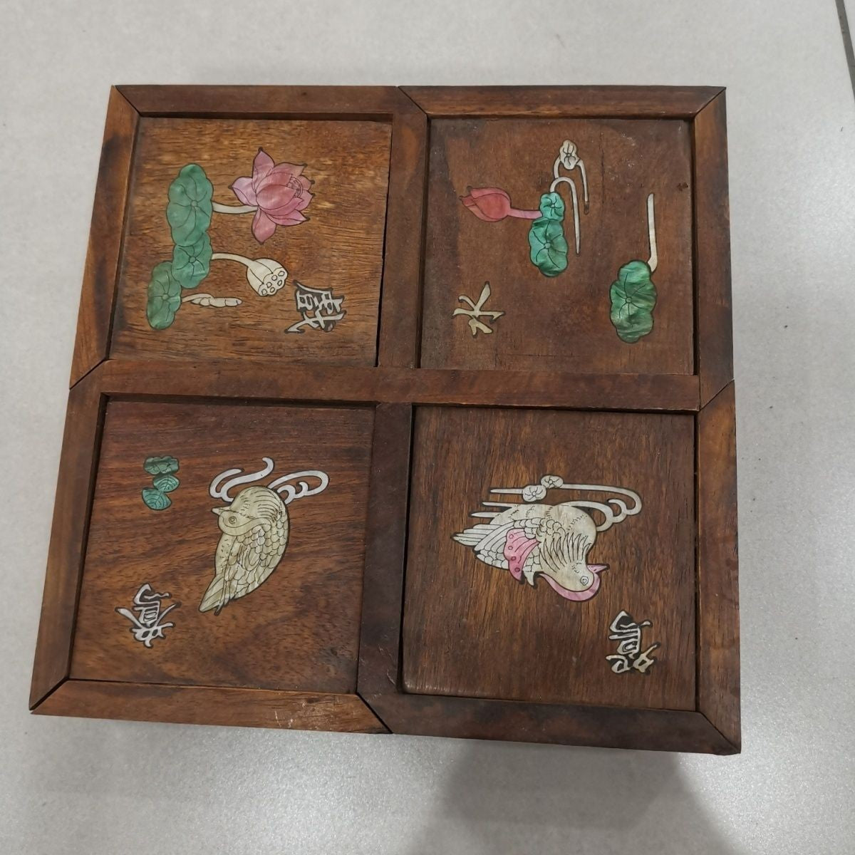 Vintage Rosewood 4-Compartment Treasure Box Shell Inlay Lotus Mandarin Duck 19cm