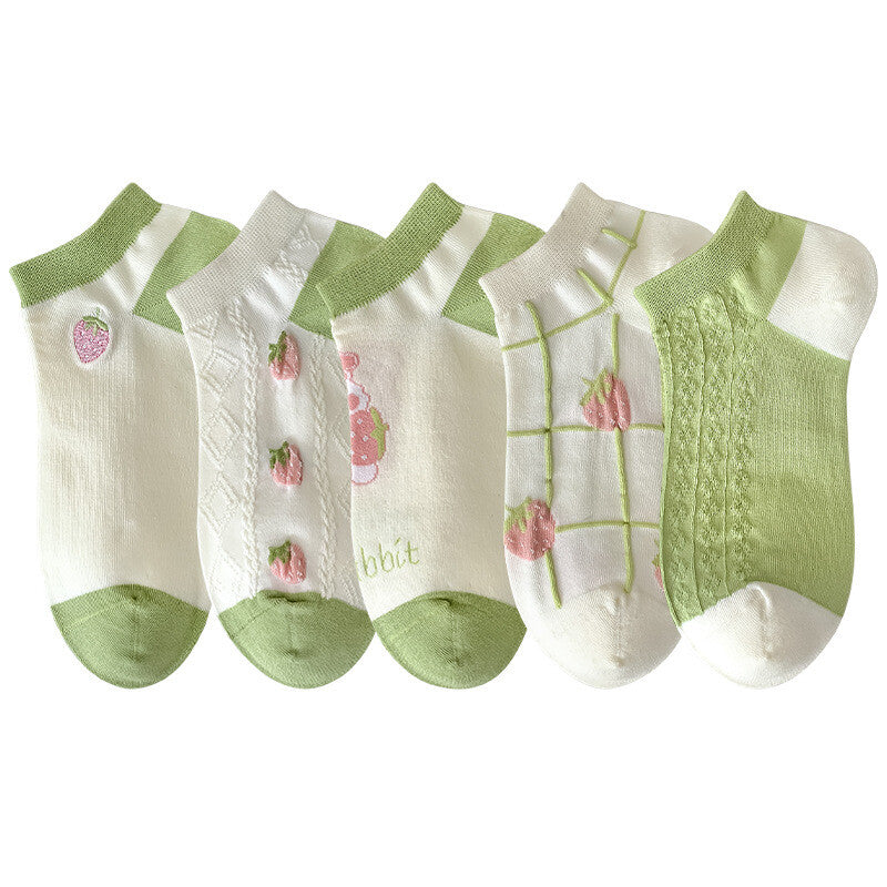 Spring New 5 Pairs Womens Girl Cotton Crew Socks Strawberry Dress Work Socks