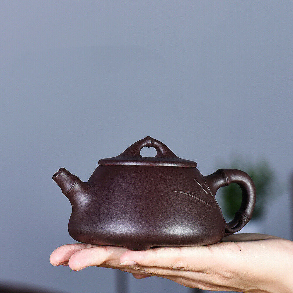 250ml Handmade Tea Pot Bamboo Carved Marked Real Yixing Zisha Purple Clay Pot