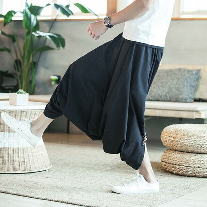 Summer Men's Loose Fit Baggy Pants Loose Fit Chinese Style Cropped Trousers L