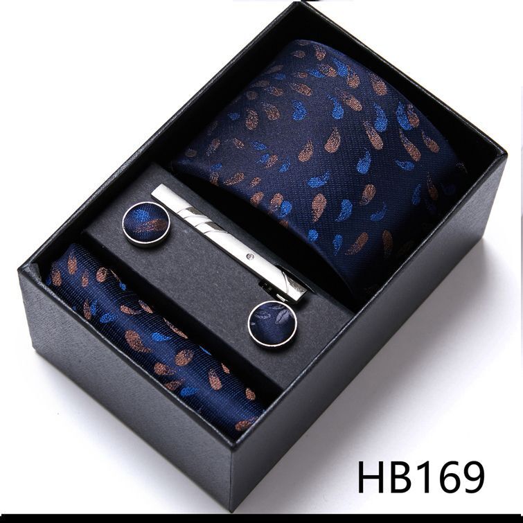 Men Neckties 5Pcs Business Ties Hanky Cufflink Set Clips Corbatas Gift Box 7.5cm
