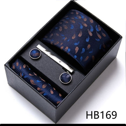 Men Neckties 5Pcs Business Ties Hanky Cufflink Set Clips Corbatas Gift Box 7.5cm