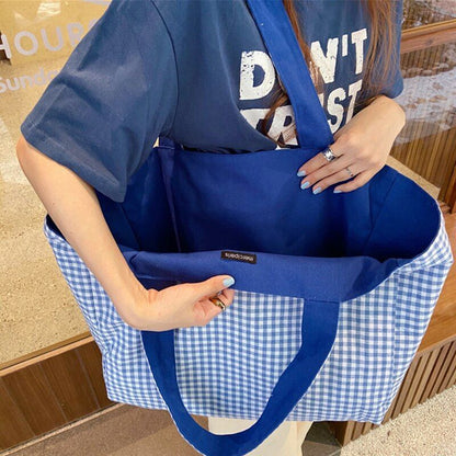 Canvas Bag Shoulder Totes Handbag Plaid Shopper Large Capacity Double Side Bags