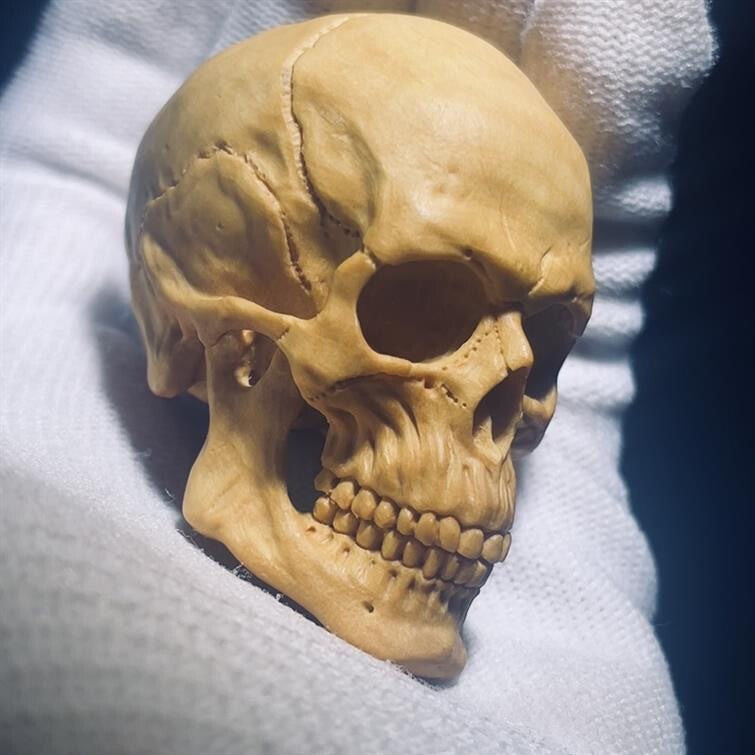 Boxwood Carved Skull Statue Hand Carving Wooden Art Sculpture Decor
