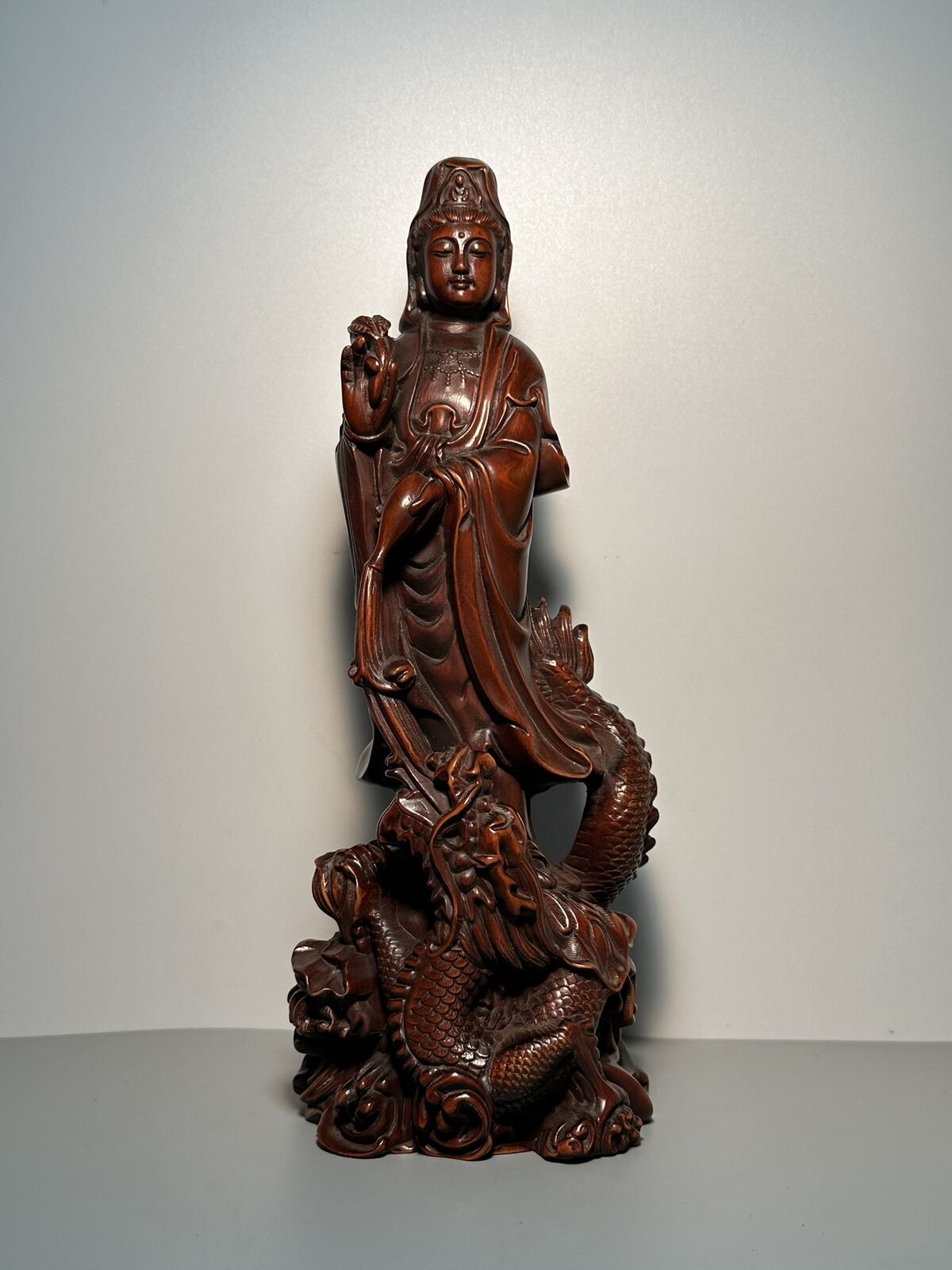 Vintage Chinese Wooden Carving Dragon Kwan Yin Statue Ornaments Wood Sculptures