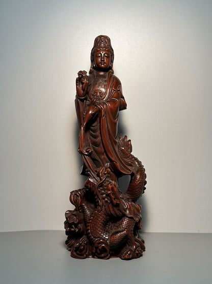 Vintage Chinese Wooden Carving Dragon Kwan Yin Statue Ornaments Wood Sculptures