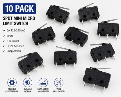 Micro Limit/Snap Switch, SPDT, 5A @ 250V AC, Solder Leads - 10 Pack