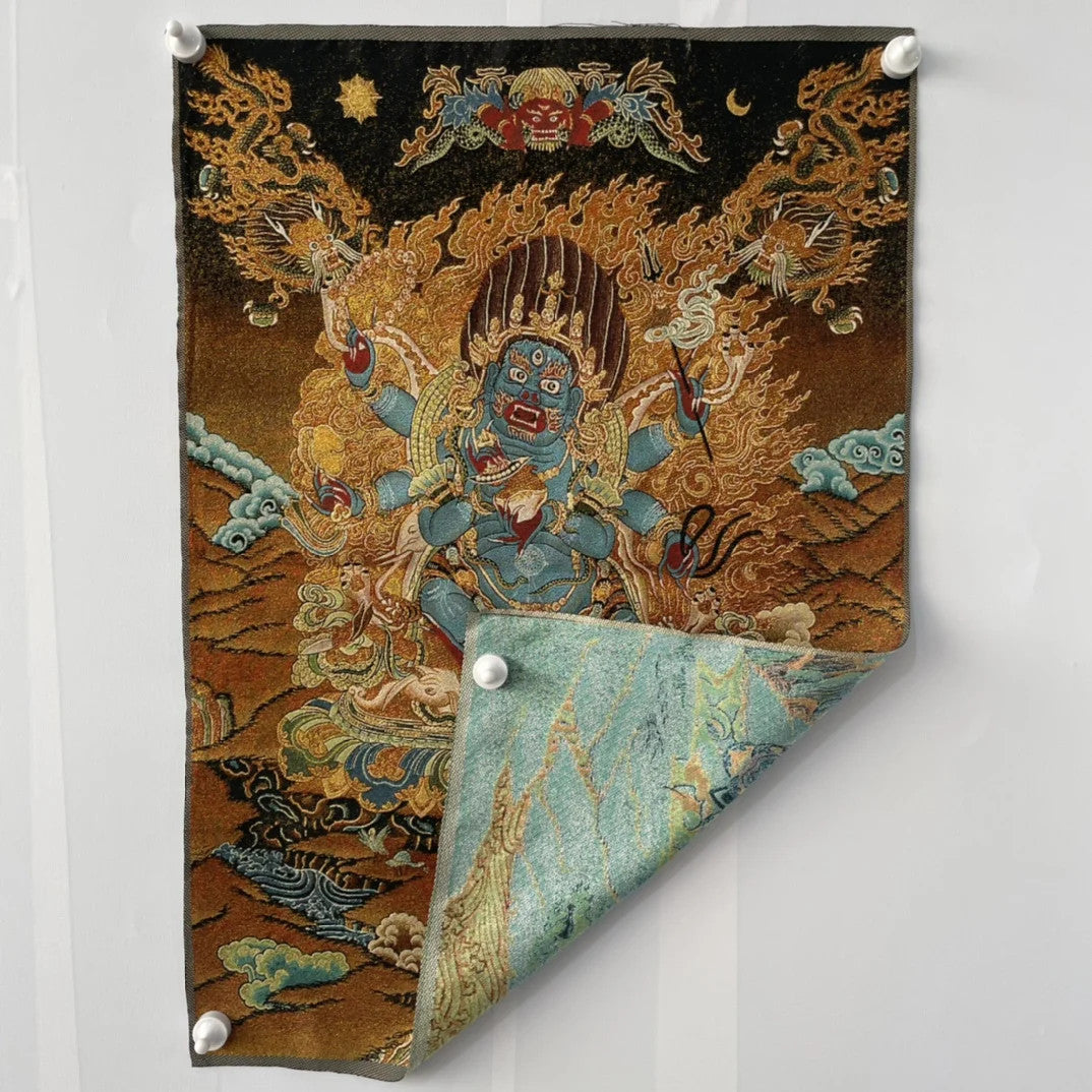 Embroidery Tibetan Buddhism Six Arm Mahakala Thangka hanging screen Worship Hall