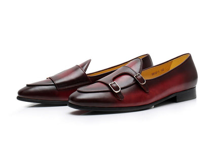 Men Loafers Leather Round Toe Low Heel Double Buckle Business Dress Shoes