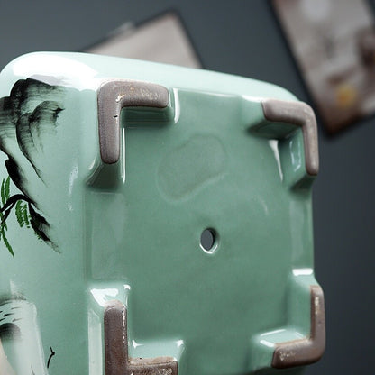 Bonsai Pot W Tray 6" Square Chinese Art Glazed High Quality Teal Ceramic Planter