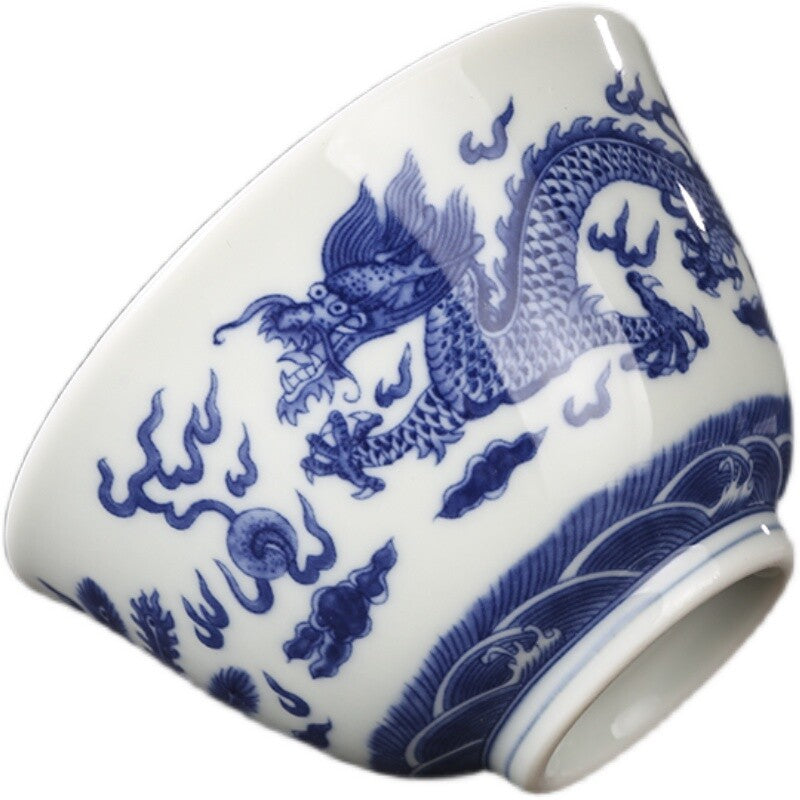 3.1" Chinese Blue-and-white Porcelain Auspicious Animal Dragon Phoenix Cup