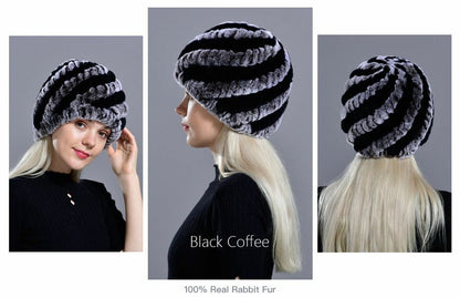 Fur Hats Rabbit Winter Womens Russian Real Knitted Cap Warm Beanie Fashion Solid