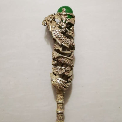 Antique Silver Plated Dragon Hairpin with Green Gemstone Chinese Hair Stick