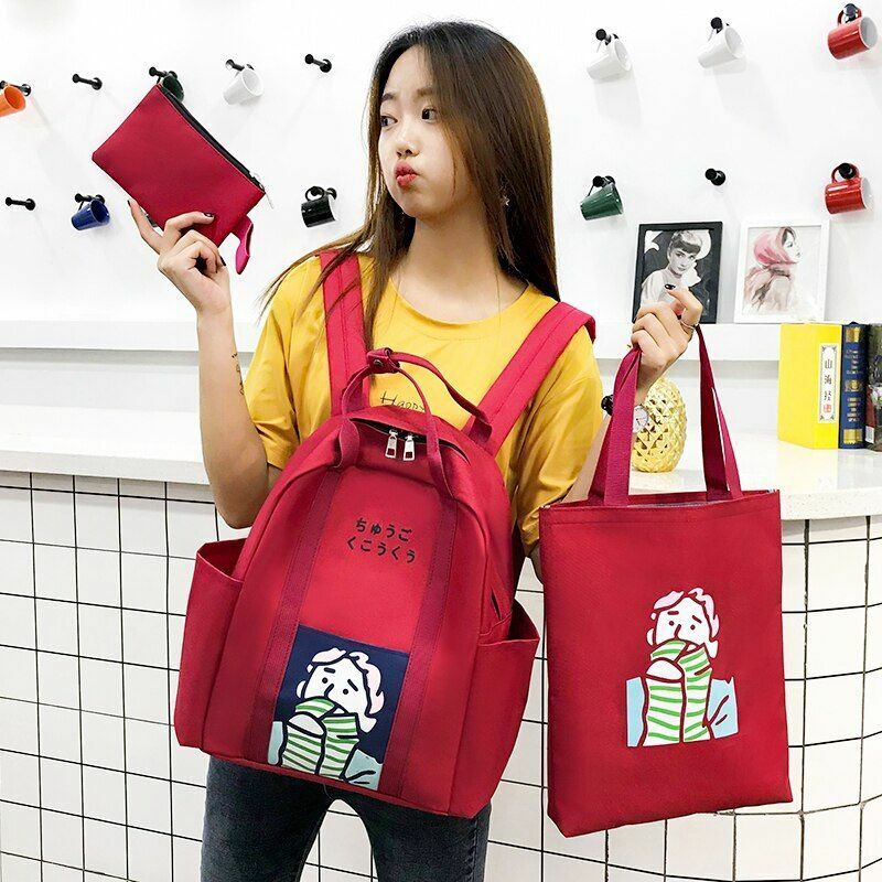 3 Pcs Sets Backpack School Bags Teenage Girls Women Casual Shoulder Zipper Solid