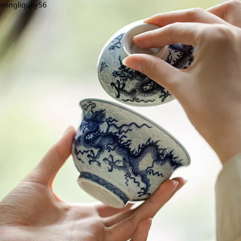 Dragon Gaiwan for Tea Ceramic Tureen with Lid Teaware Set Chinese Blue Tea Bowl