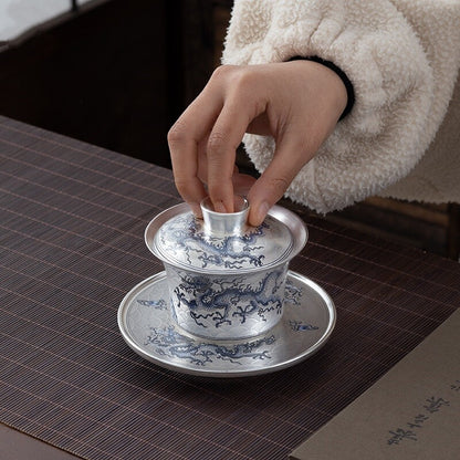 silver gaiwan ceramic tureen tea cup dragon design chinese tea set handpainted