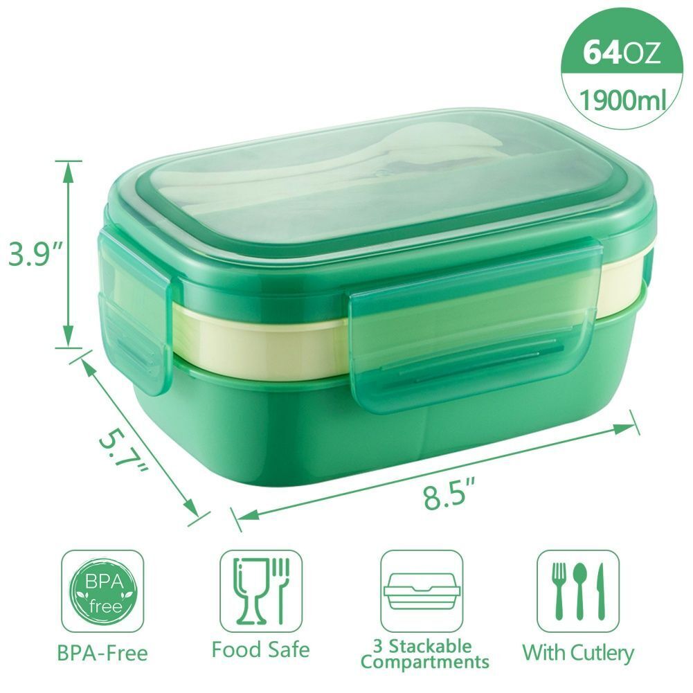 Bento Box 3 Layer Stackable Microwave Lunch Container Cutlery Set 21.5x14.5x10cm