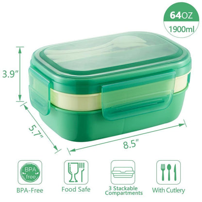 Bento Box 3 Layer Stackable Microwave Lunch Container Cutlery Set 21.5x14.5x10cm