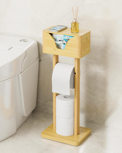 Bamboo Toilet Paper Holder Free Standing with Shelf Organizer Bathroom Decor
