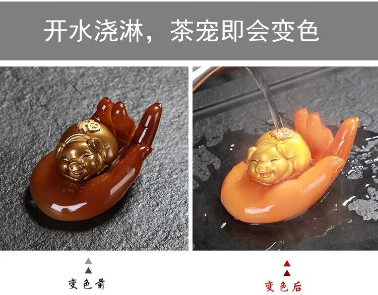Resin Color Changing Tea Pet Tea Set Palm Lucky Pig Pet Decoration Handicrafts