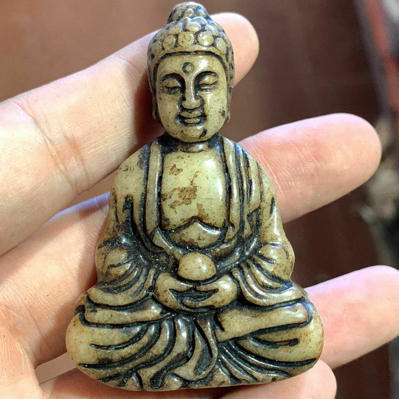 2.36" Chinese Old Handmade Sapphire Carved Buddha Statue Pendant Collect Decor
