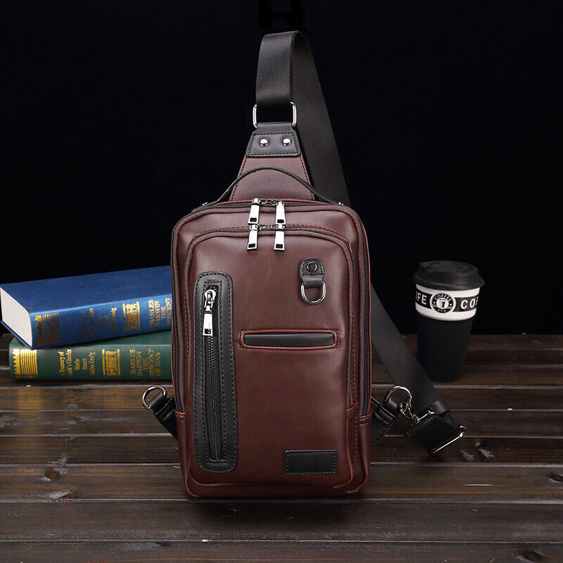 Sling Backpack Men's PU Leather Crossbody Bag Chest Bag Sport Sling Shoulder Bag