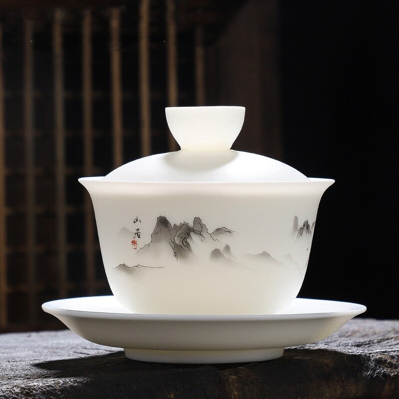 Jade Porcelain Gaiwan Hand Drawing Boutique Tureen Cup Saucer Lid Sancai Bowl