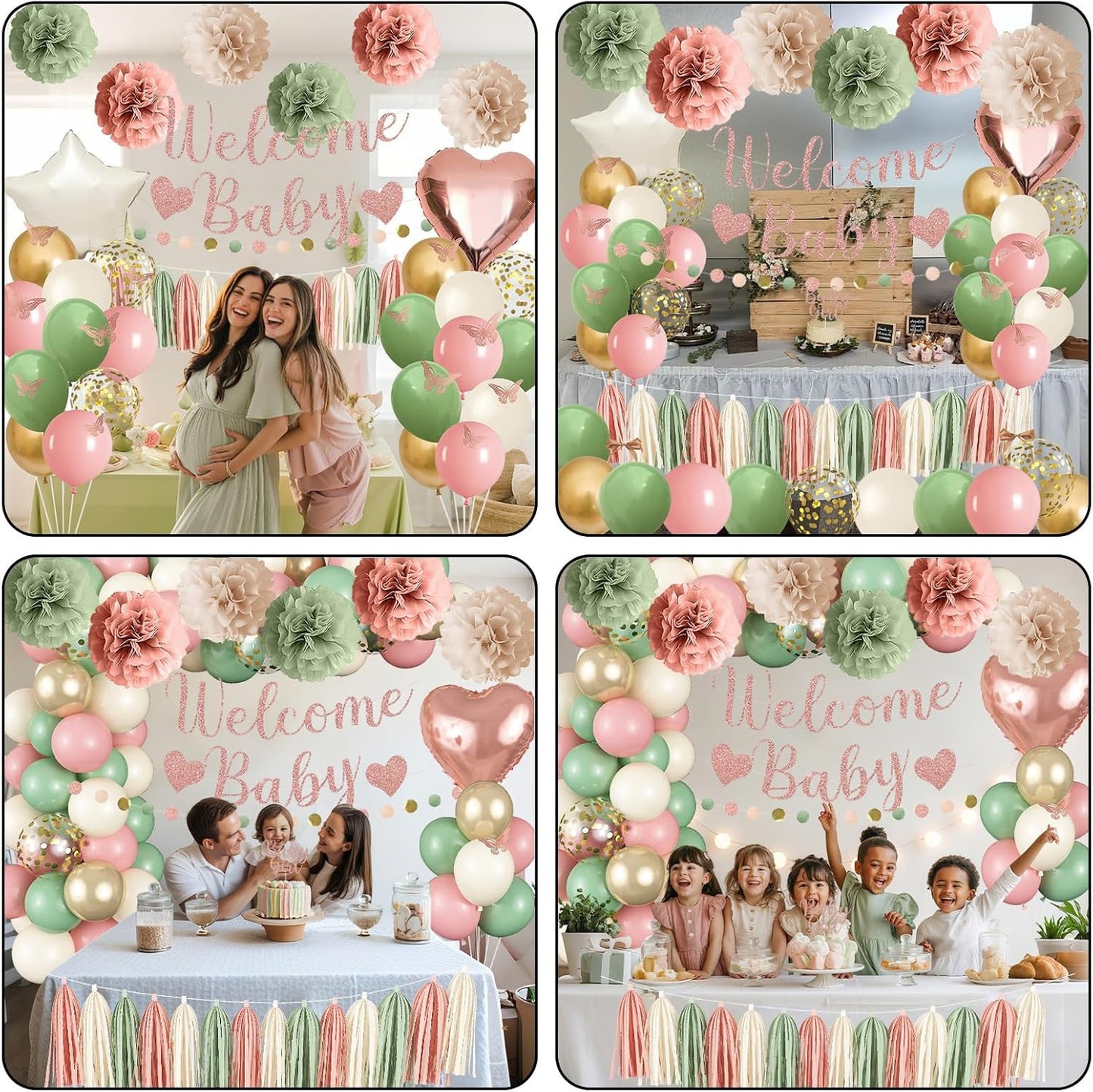 Baby in Bloom Baby Shower Decorations, Sage Green Dusty Blush Pink Gold Sand Whi