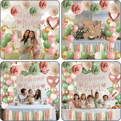 Baby in Bloom Baby Shower Decorations, Sage Green Dusty Blush Pink Gold Sand Whi