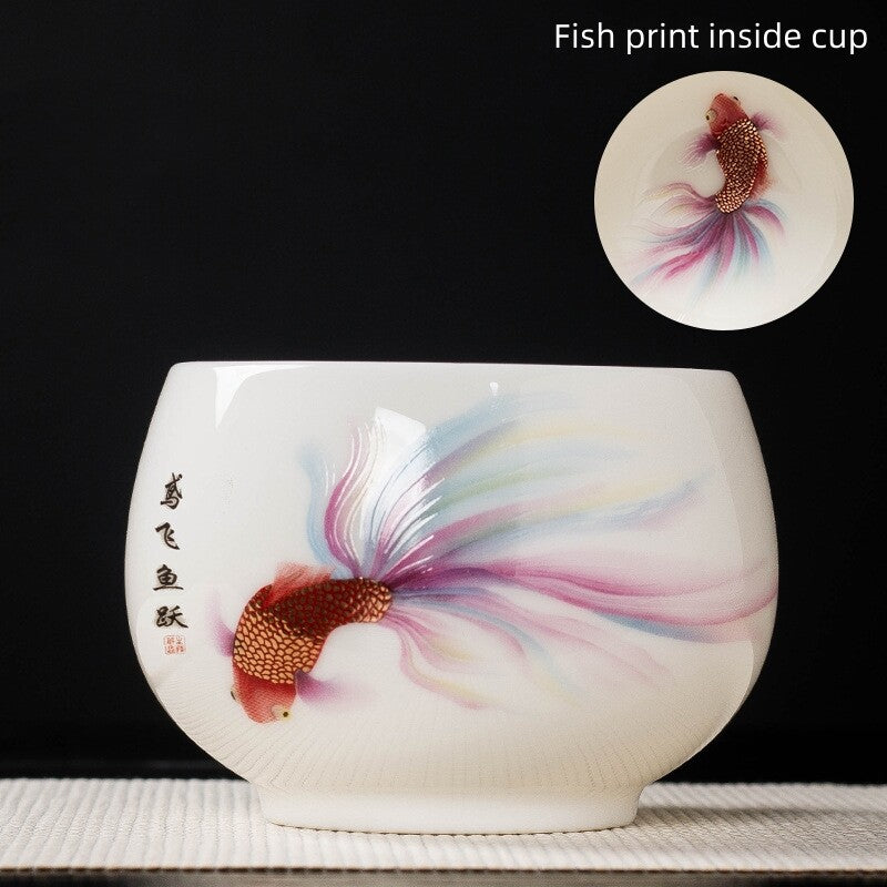 handmade tea cup fat mutton jade porcelain master cup fish print creative teacup