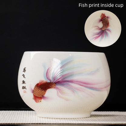 handmade tea cup fat mutton jade porcelain master cup fish print creative teacup