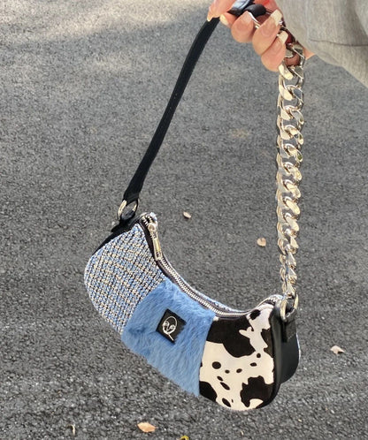 Patchwork Plush Bag Vintage Zipper Chains Aesthetic Purse 32*12*4 CM Blue 1 PC