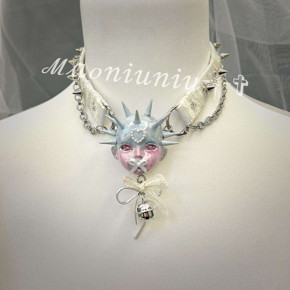 Original Dreamy Bow Spiked Doll Head Lace Choker Bell Chain Necklace