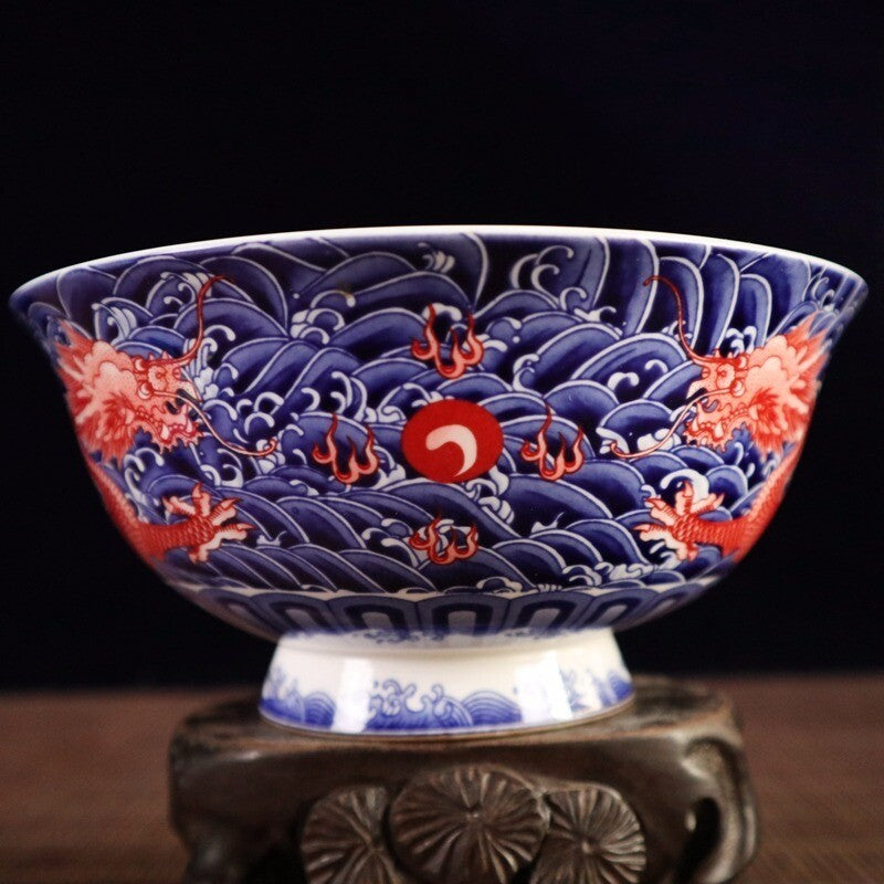 6.2" Chinese Blue and White Porcelain Red Glaze Two Dragon Grain Big Bowl