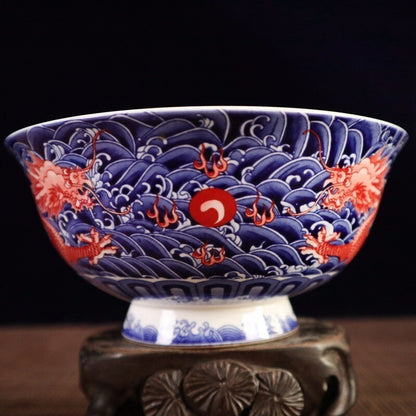 6.2" Chinese Blue and White Porcelain Red Glaze Two Dragon Grain Big Bowl