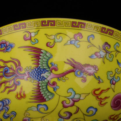 Chinese Famille Rose Porcelain Handmade Yellow Dragon Phoenix Small Bowl