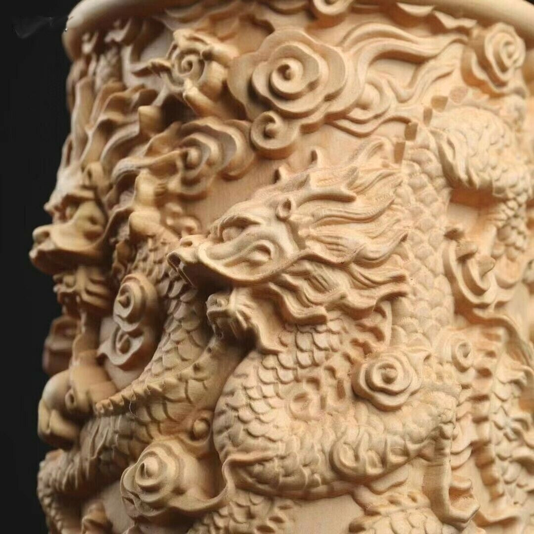 Chinese Boxwood Wood Hand Carving Nine Dragon Pen Holder Statue Decor