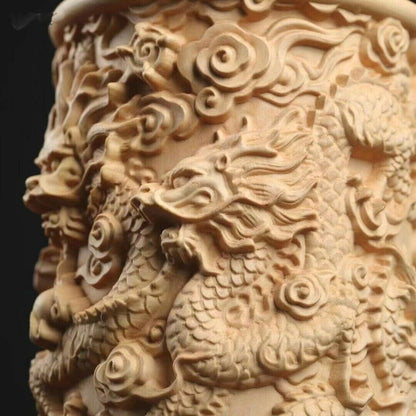 Chinese Boxwood Wood Hand Carving Nine Dragon Pen Holder Statue Decor