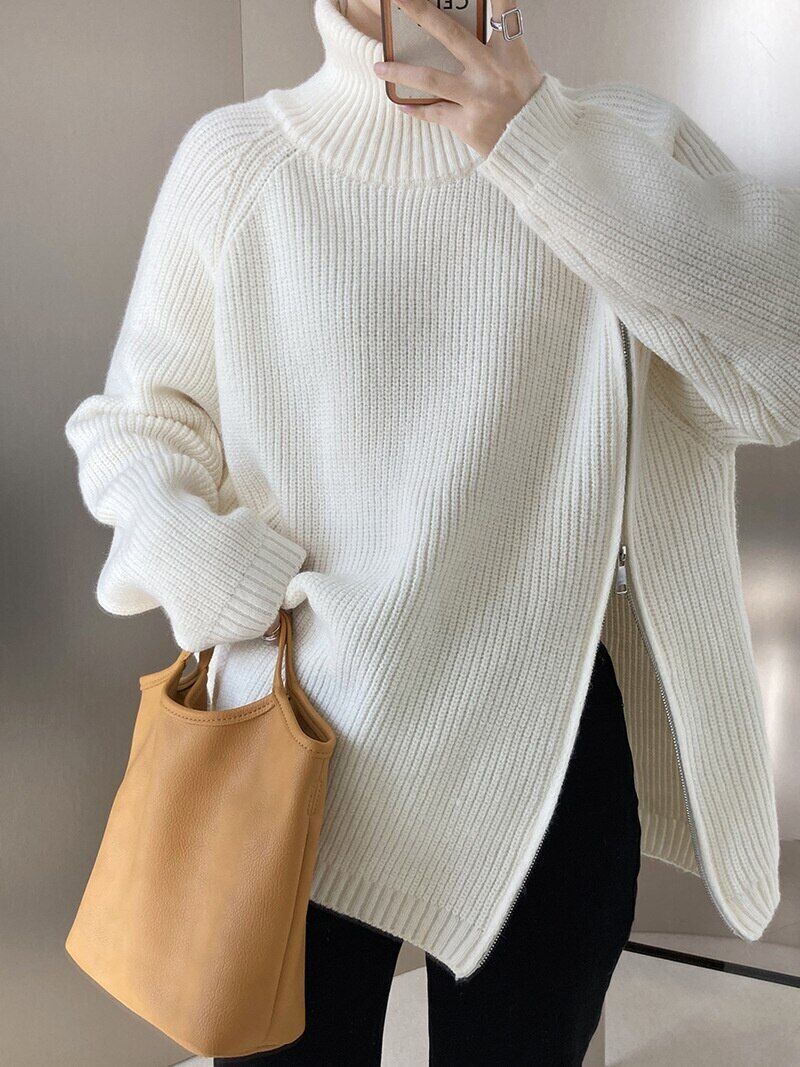 Women's Turtleneck Zipper Sweater Gray White Black High Neck Jumper