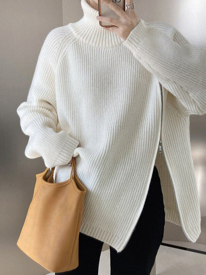 Women's Turtleneck Zipper Sweater Gray White Black High Neck Jumper